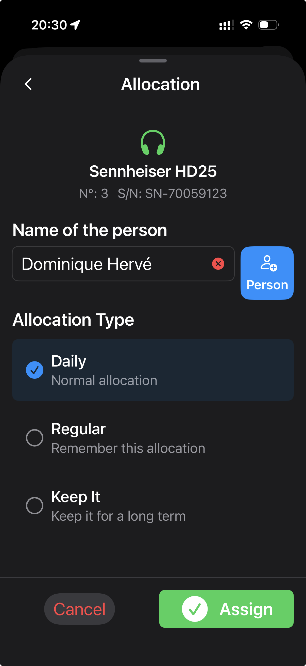 Allocation screen