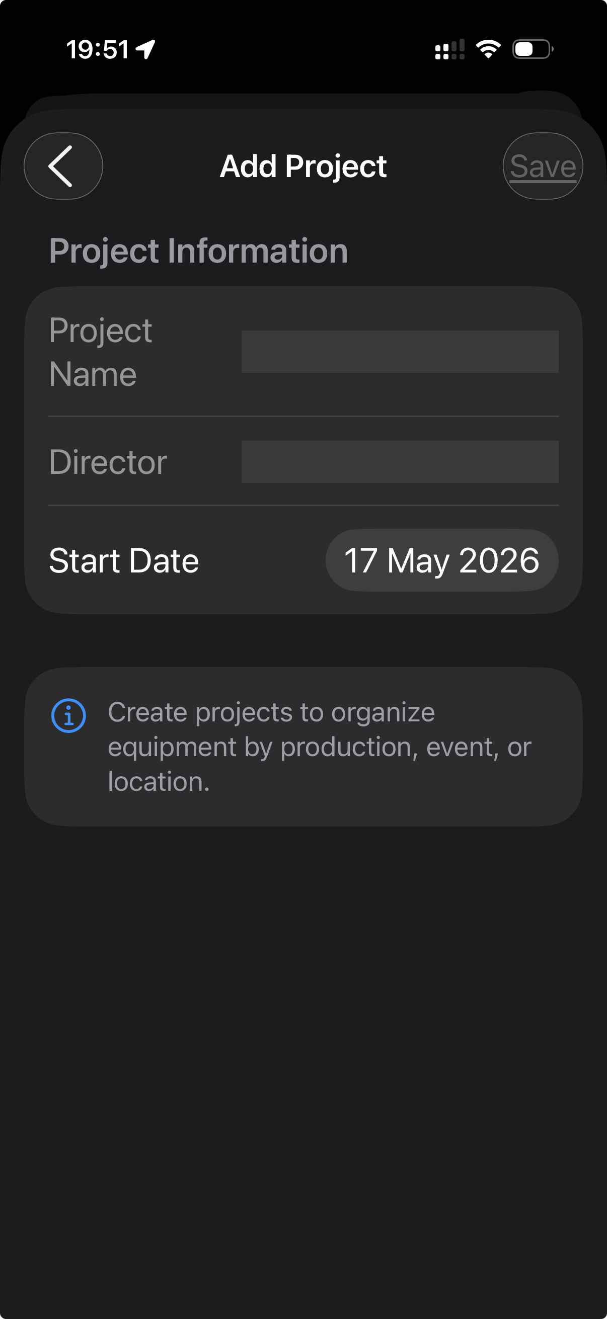 Add Project screen