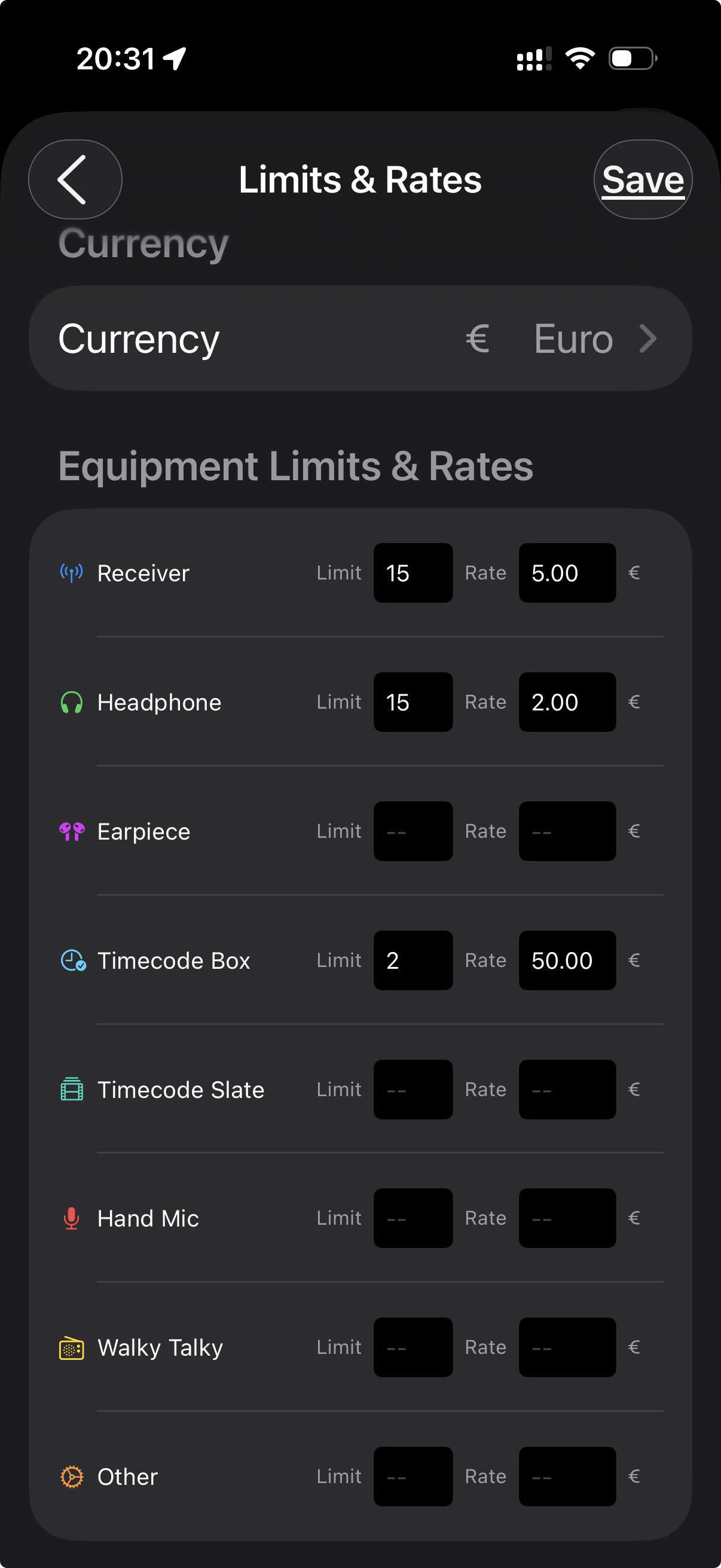 Limits and rates configuration