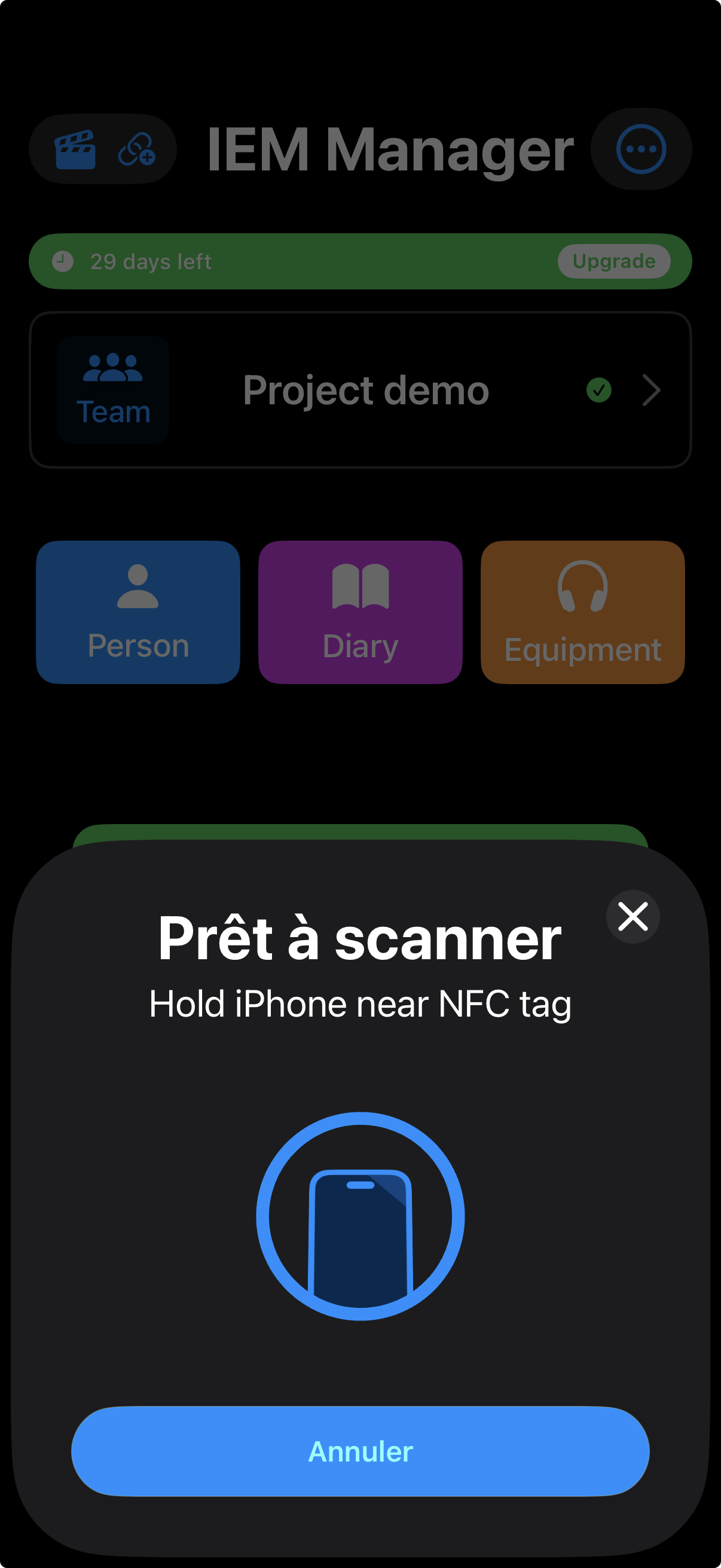 NFC scanner dialog