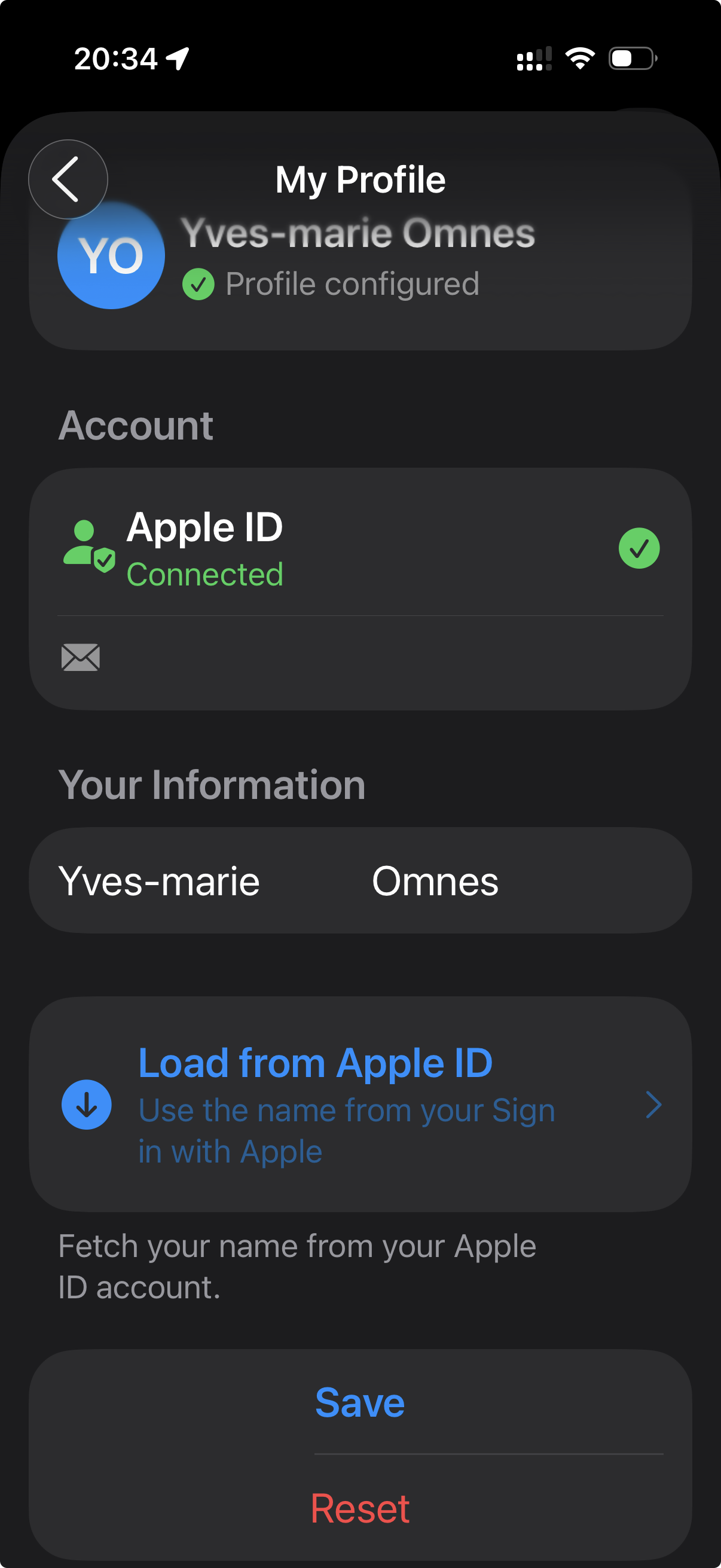 User profile screen